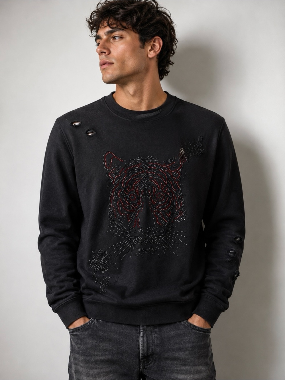 NWT Antony Morato Rhinestone Tiger Distressed Black Sweatshirt L